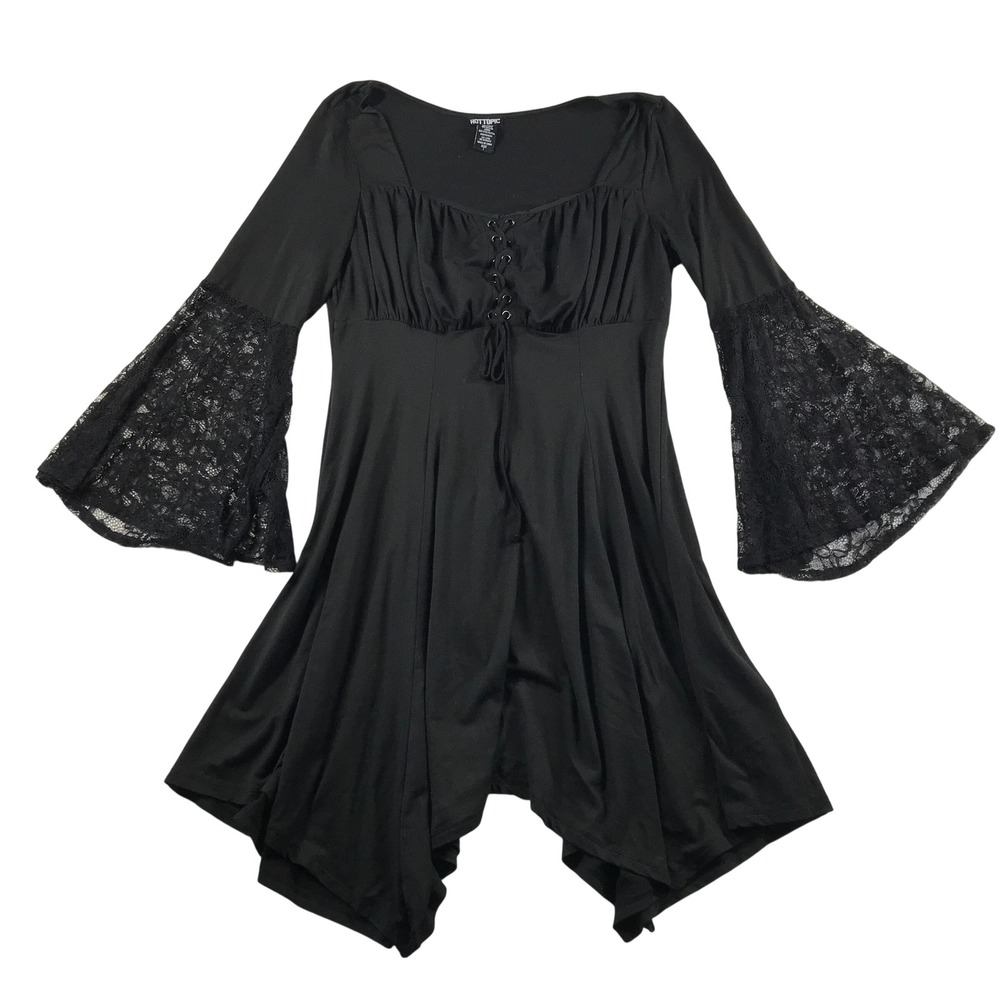 Hot Topic Black Gothic Lace Up Bell Sleeve Handkerchief Hem Tunic Top Size 1X